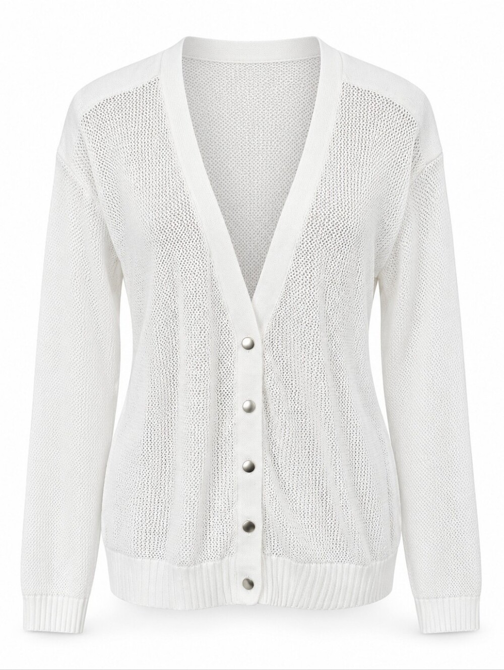 Valette White Open-Weave V-Neck Snap Button Cardigan Size M